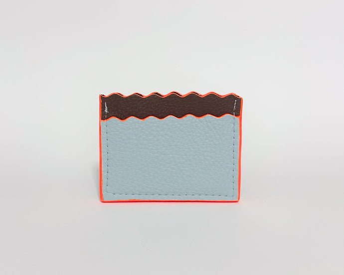 Baby Blue &  Brown Leather Dora Cardholder with Neon Orange Edges