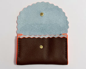 Baby Blue & Cocoa Brown Leather Dora Purse with Neon Orange Edges