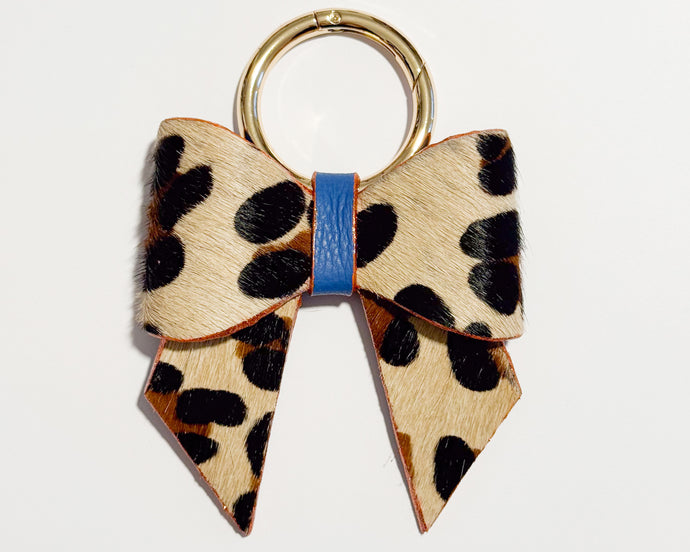 Leopard Print & Cornflower Blue Leather Bow Bag Charm/Keyring