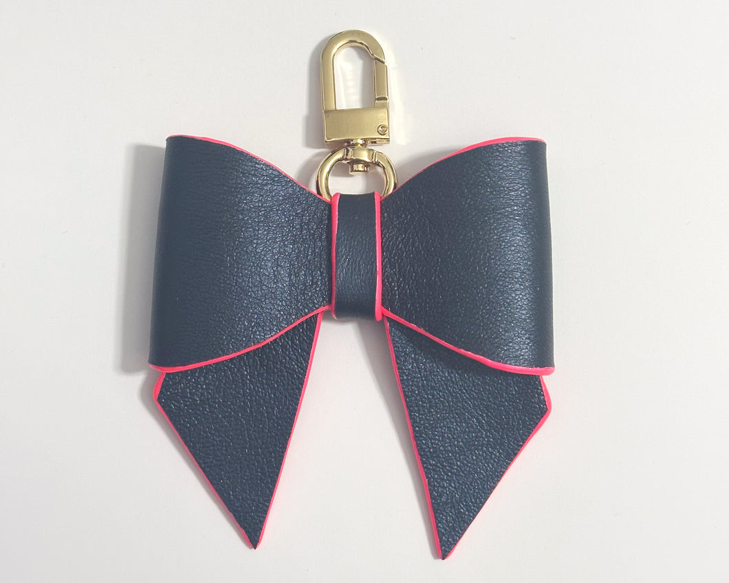 Navy Blue Leather Minnie Bow Key Ring with Neon Pink Edges