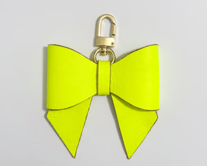 Neon Yellow Leather Minnie Bow Key Ring with Gold Glitter Edges