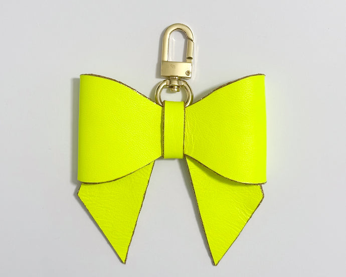 Neon Yellow Leather Minnie Bow Key Ring with Gold Glitter Edges