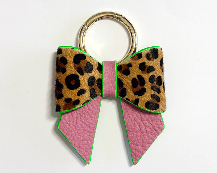 Pink & Leopard Print Leather Minnie Bow Bag Charm/Keyring