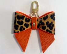 Leopard print & Orange Leather Minnie Bow Key Ring with Neon Orange Edges