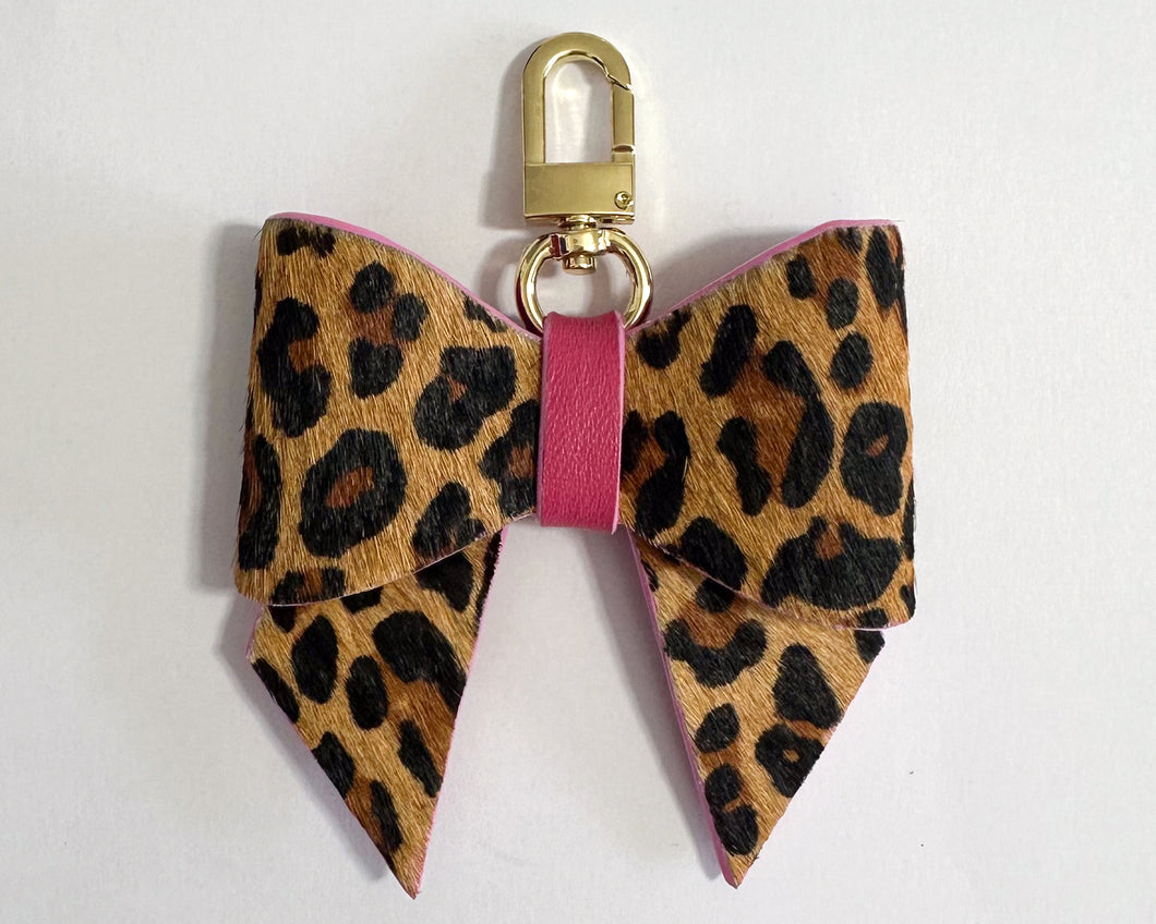 Leopard print & Pink Leather Minnie Bow Key Ring with Pink Edges